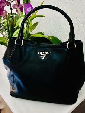Prada Black Leather  Shoulder Bag with Gold Hardware